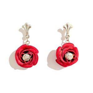 Handcrafted Red Rose Drop Earrings With Silver Accents & Clip-On Backs